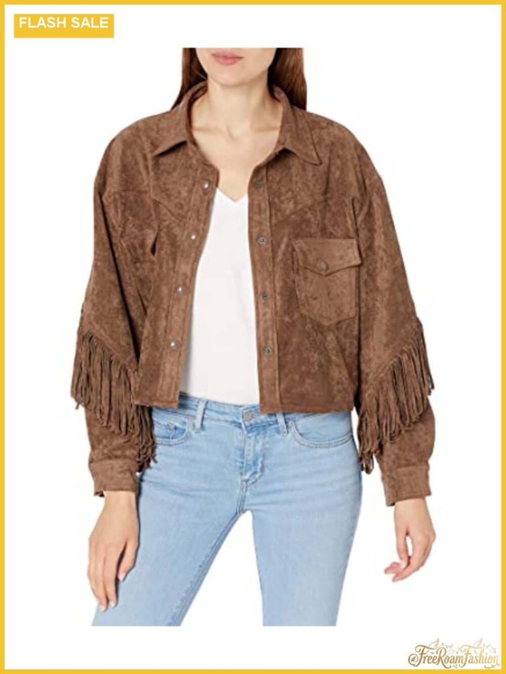 Faux Suede Fringe Jacket with Snap Cuffs, Collared Neck